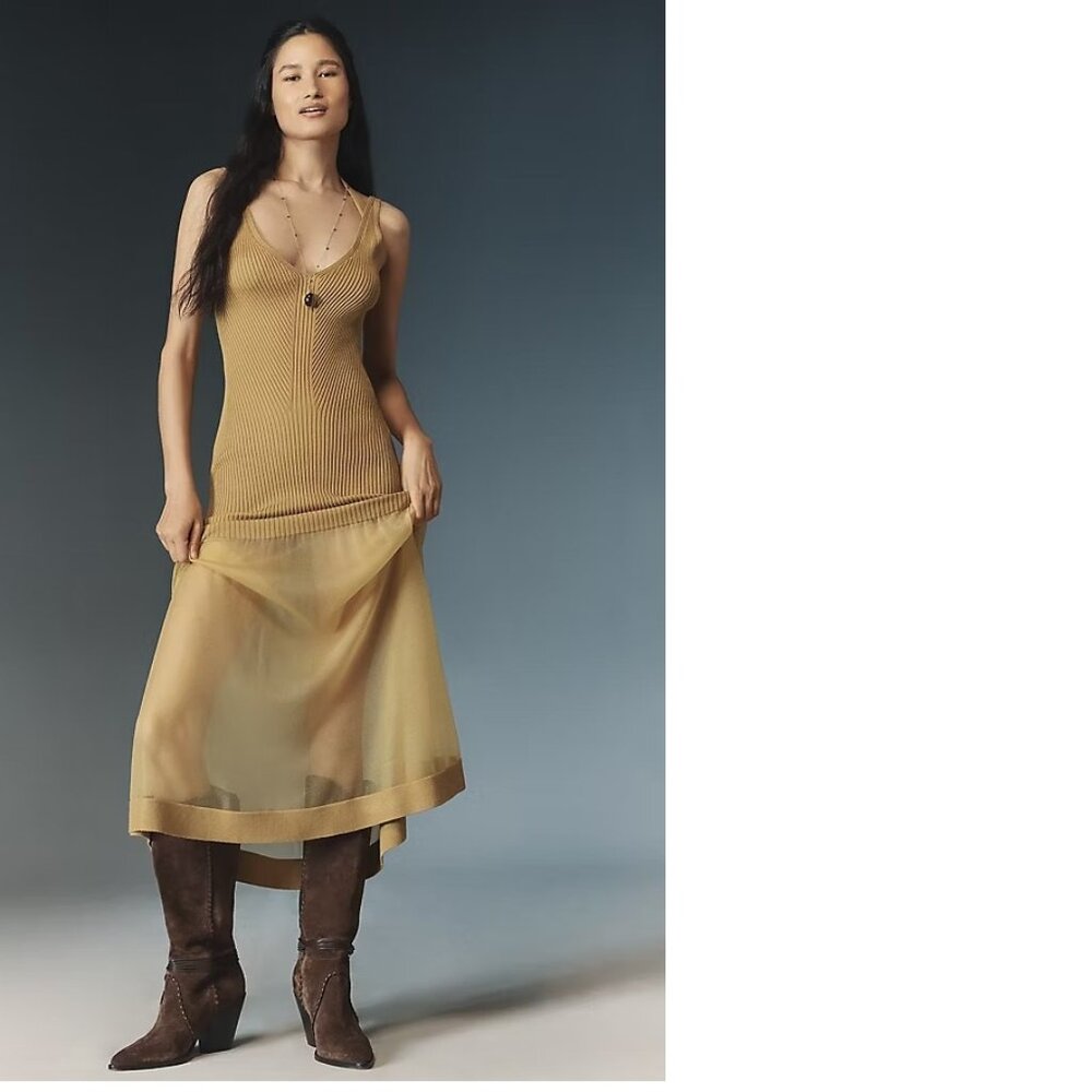 By Anthropologie Sheer Panel Maxi Sweater Dress new nwt size M gold color - Picture 2 of 7